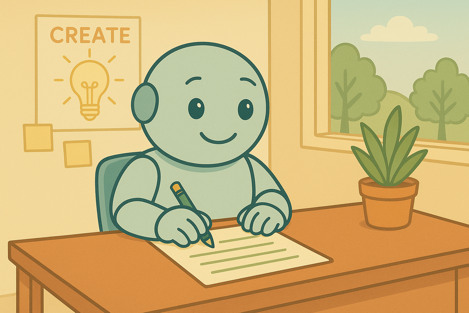 Namero robot writing a creative list at the desk A friendly robot sits at a desk writing a list in a bright, cozy room with a window and a plant.