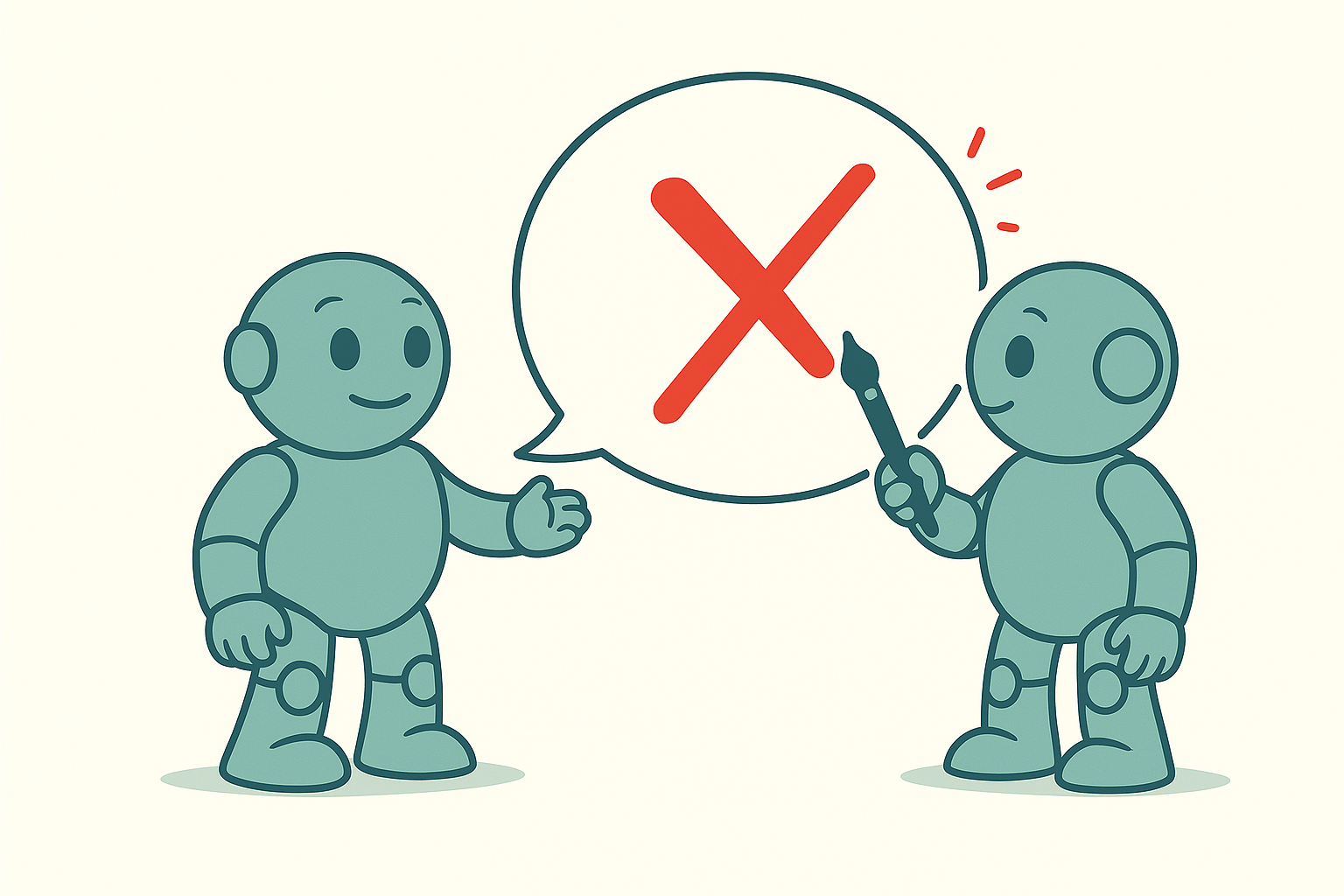 Namero Says No: Avoiding Mistakes in Name Selection Two Namero robots face each other. One points with a marker to a large red X in a speech bubble – symbolizing rejection, a warning, or the importance of avoiding problematic name choices.