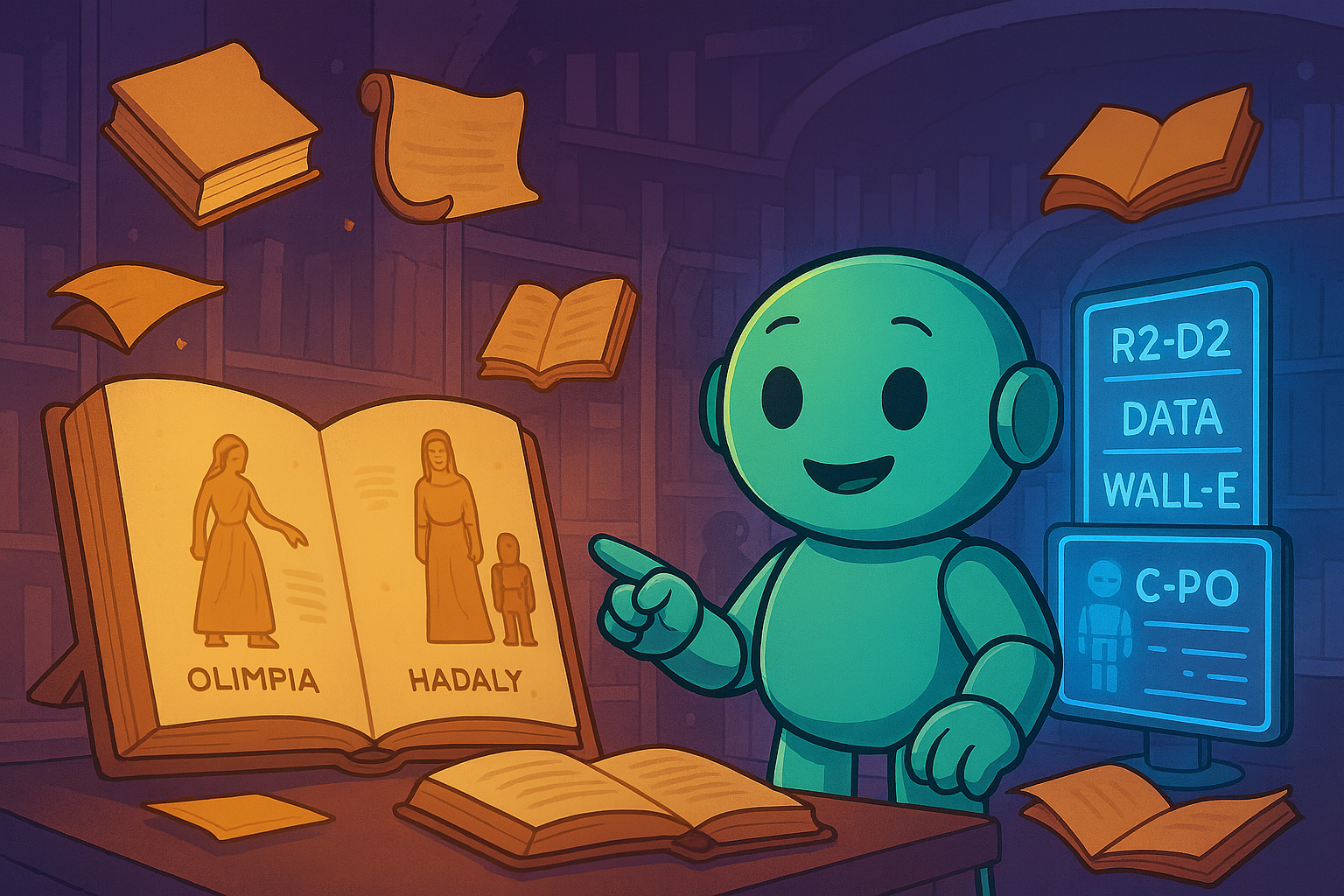 Namero presenting famous robot names Namero, the NameRobot mascot, stands in a library with an open book showing the robot names ‘Olimpia’ and ‘Hadaly’. Floating books surround him, while a screen displays famous robot names such as R2-D2, Data, WALL·E, and C-3PO.