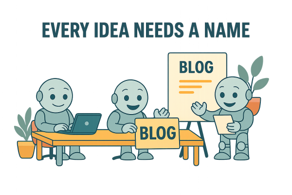Creative naming for blogs and projects with NameRobot Three robots collaborate on naming a blog project using NameRobot tools