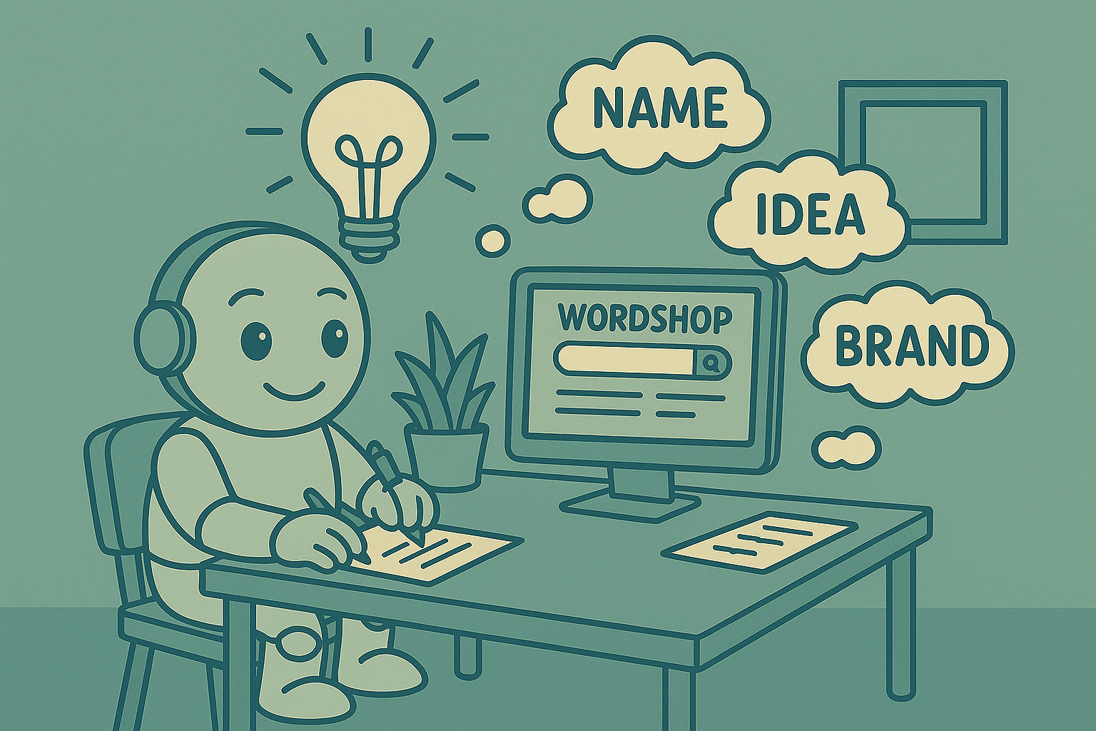 Namero in the Wordshop: Ideas for the Perfect Name A cheerful Namero-style robot sits at a desk writing down creative name ideas. A glowing light bulb hovers above its head, and a computer screen displays the “Wordshop” tool. Around the robot, speech bubbles with words like “Name,” “Idea,” and “Brand” float – symbolizing solo digital brainstorming.