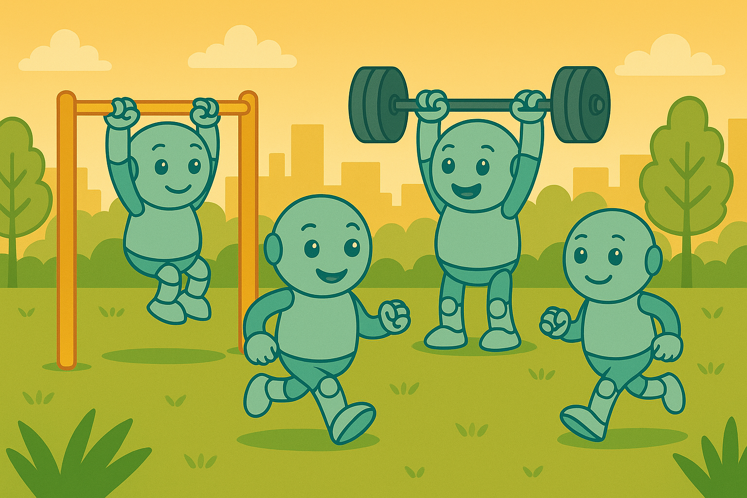 Namero in Action: Training, Team Spirit and Tech Four Namero robots exercising in a park: one doing pull-ups, two jogging, one lifting a barbell – symbolizing fitness, teamwork, and energy.