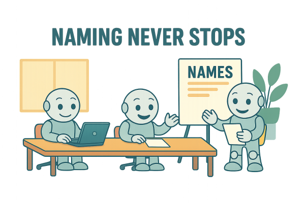 Enterprise naming with NameRobot – Scalable tools for smart name development Three robots in a meeting room brainstorming names using NameRobot tools