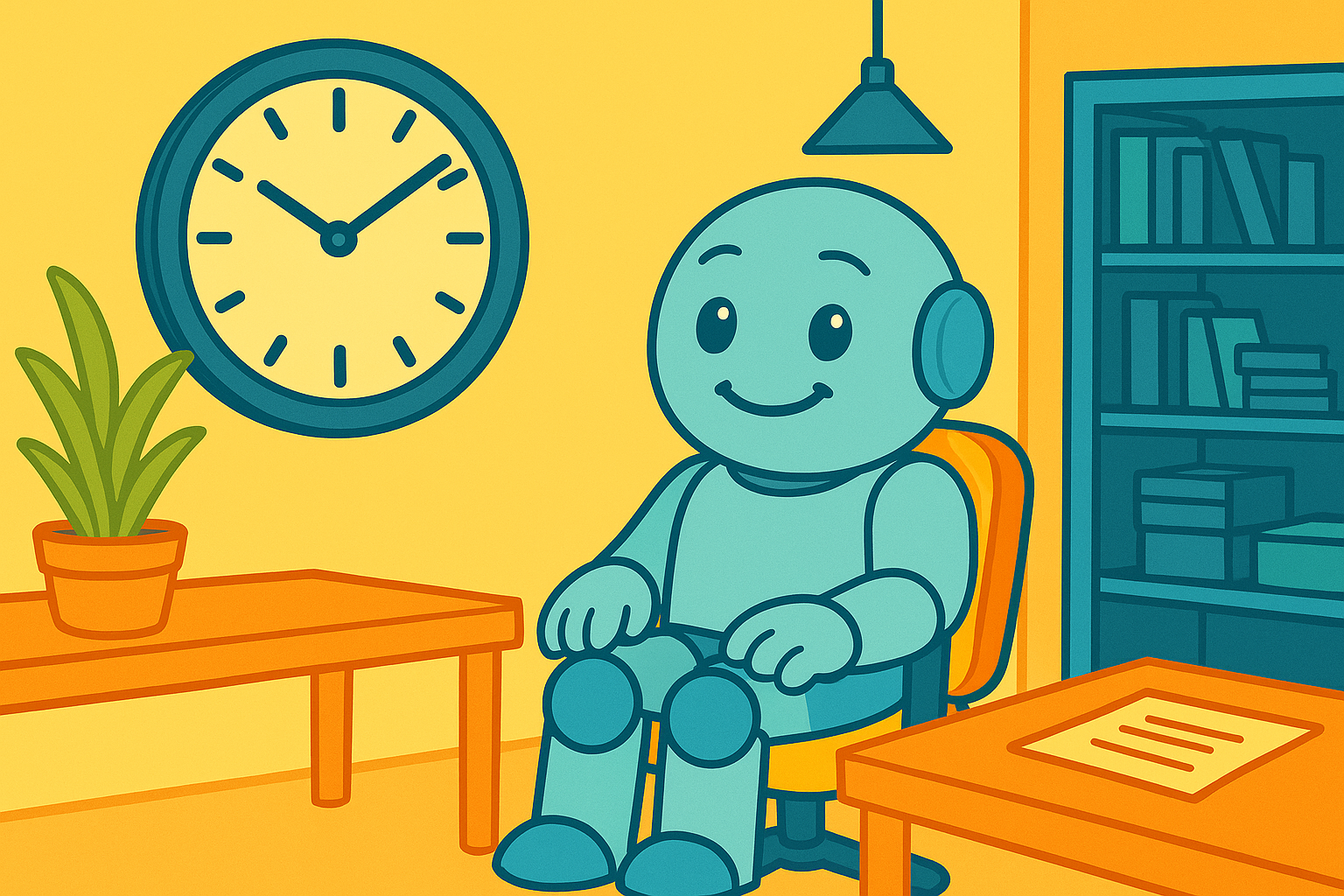 Namero Reflects: Take Time to Find the Perfect Brand Name A friendly Namero-style robot sits in an office and thoughtfully looks at a large wall clock. The scene evokes calm and contemplation, reinforcing the message to take time when choosing a brand name.