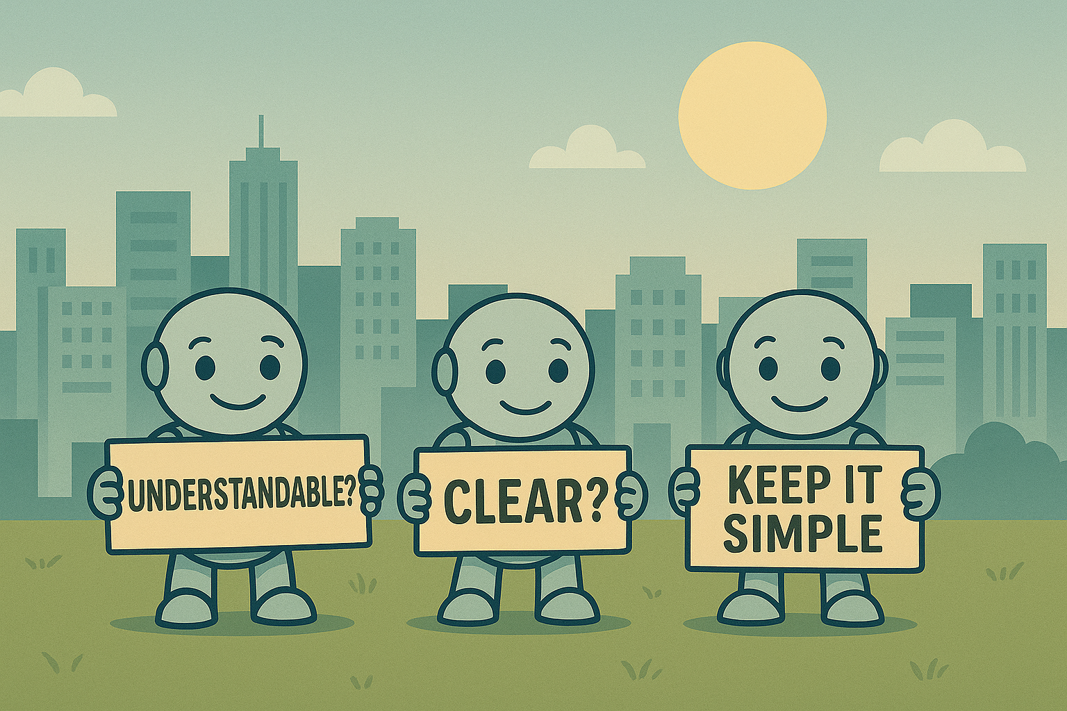 Three Namero Robots Present Naming Strategies: Understandable, Clear or Keep It Simple? Three Namero robots stand in a city park holding signs saying