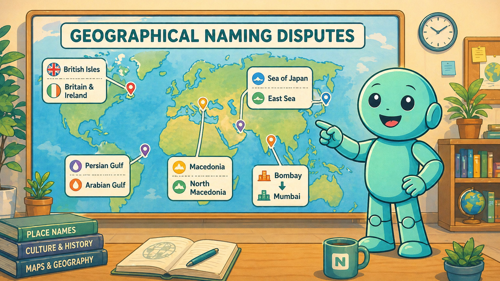 Geographical naming disputes with Namero at the world map Namero points to a world map showing examples of disputed geographical names in different regions.