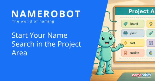 Start Your Name Search in the Project Area NameRobot social share graphic showing Namero beside a project area board for a structured name search.