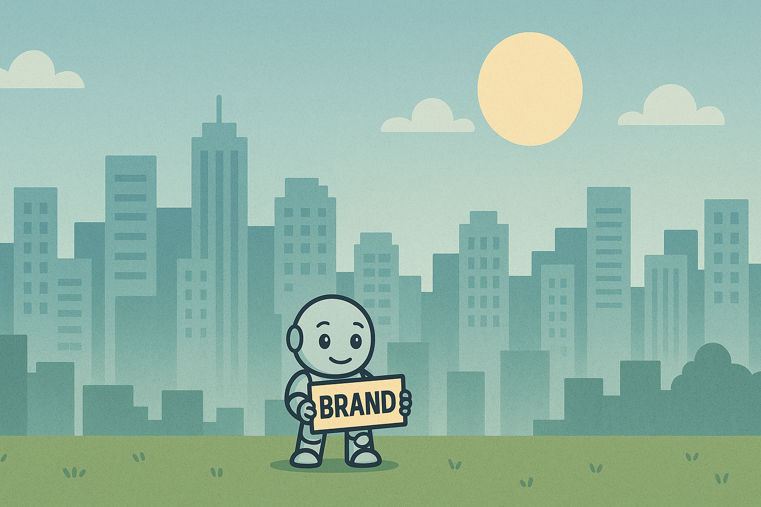 Namero presents your brand - branding starts with the right name Namero, NameRobot's mascot, holds a sign with the word 'BRAND' on it - a symbol of branding and brand discovery