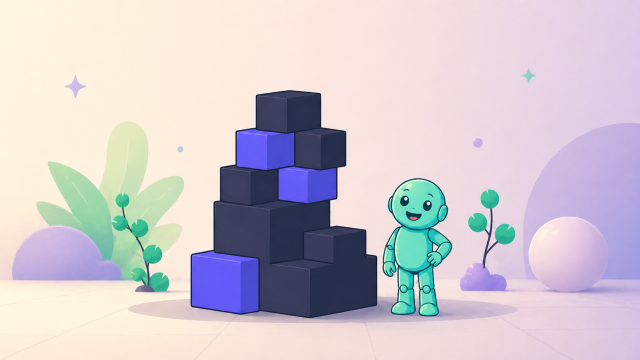 Brand Naming Header image for the blog category Brand Naming with Namero standing next to a stack of dark and violet blocks.