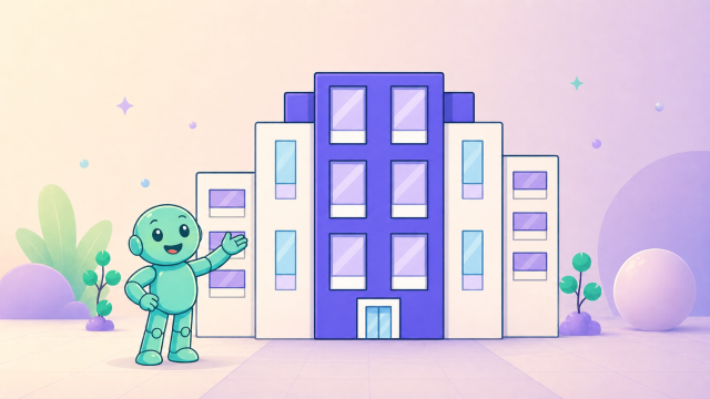 Business Naming Header image for the blog category Business Naming with Namero standing in front of a tall violet company building.