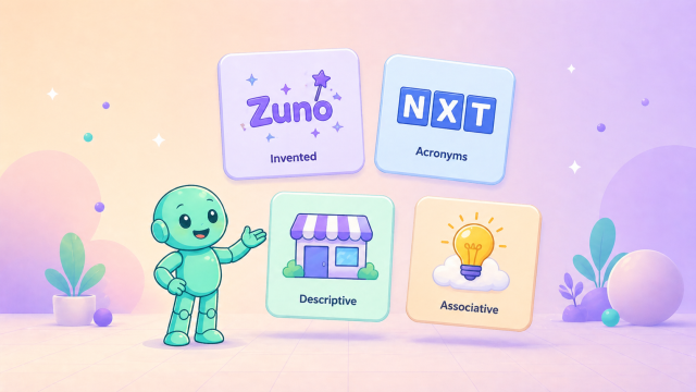The Different Types of Names Header image for the blog category The Different Types of Names with Namero and cards for Invented, Acronyms, Descriptive and Associative.