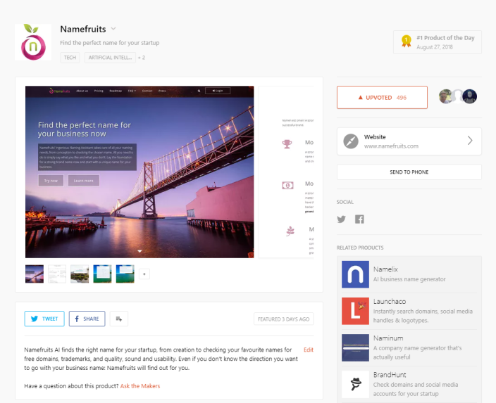 Namefruits #1 Product of the Day at Product Hunt