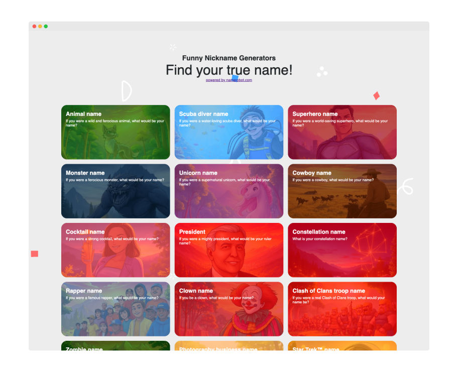Find your secret name Screenshot of the start page