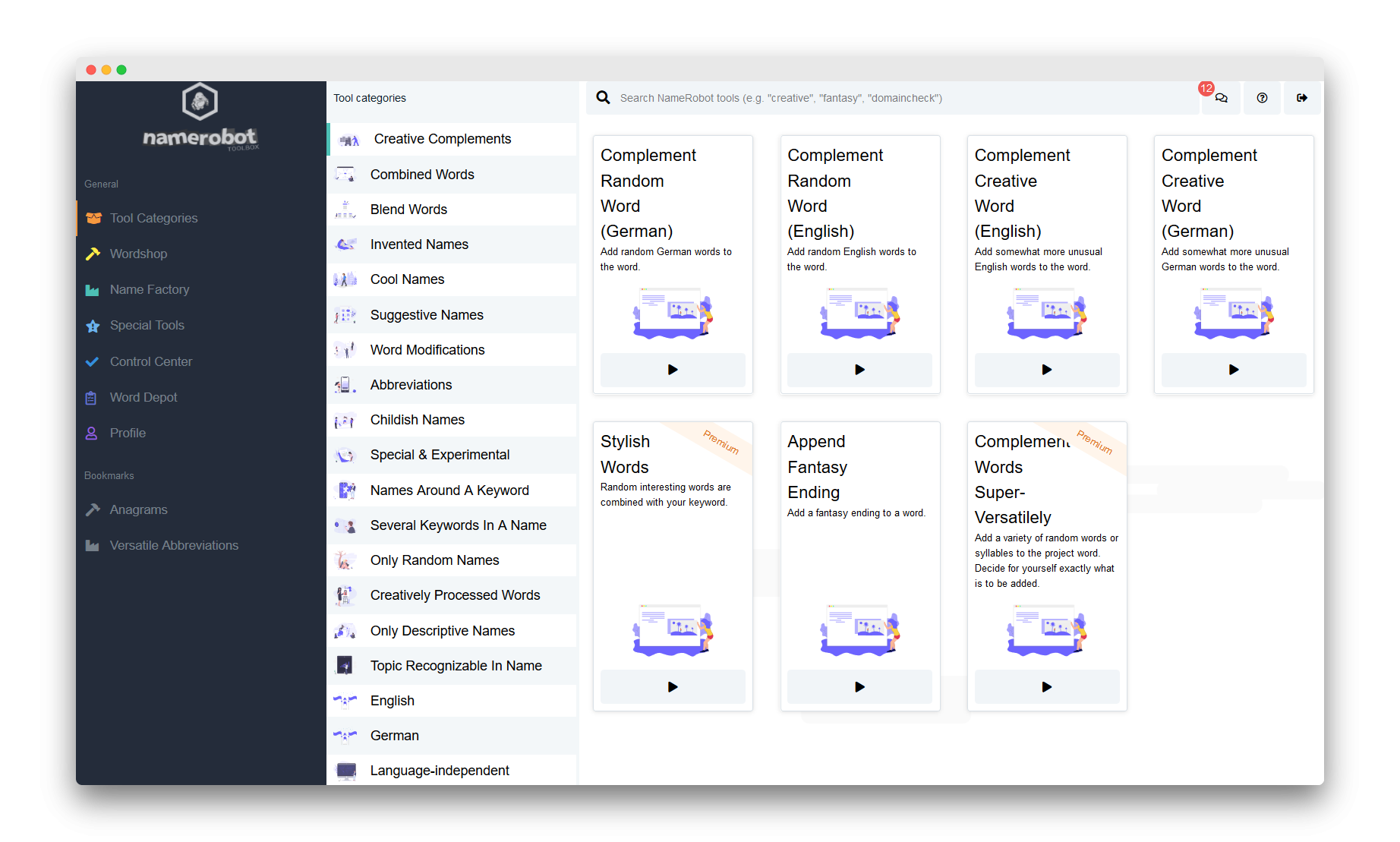 Tool Categories Complement Words Name Generators for Complement Words